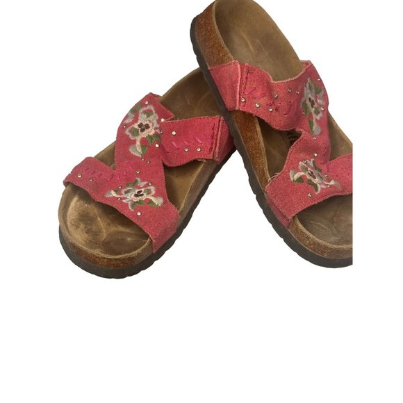 Birkenstock Pink Suede Floral Betula Sandals Size 6 Ladies Cork Has Cracks - Picture 1 of 12